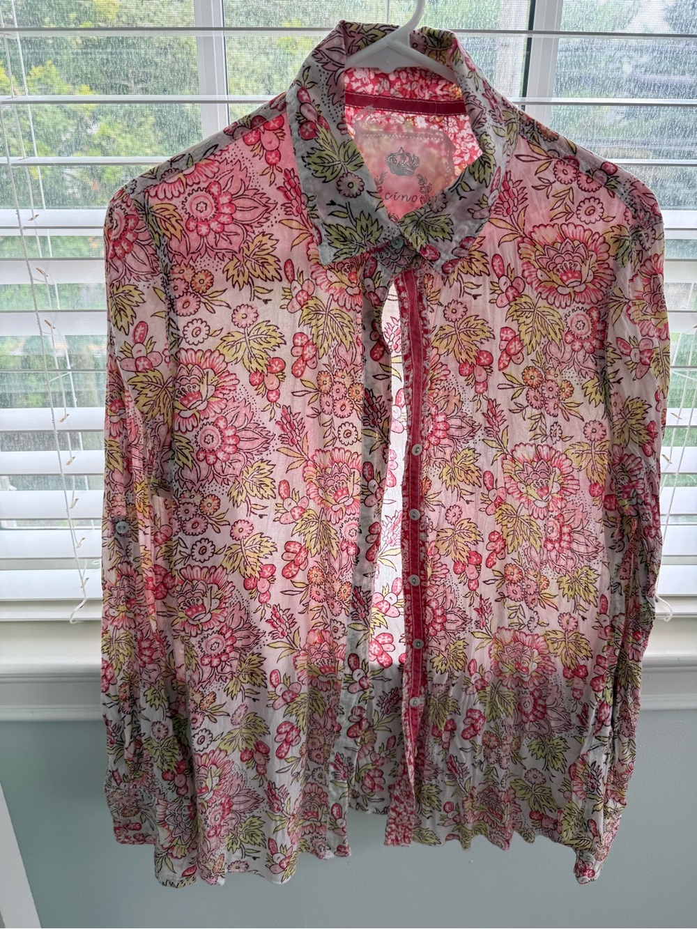 Cino Button-Down Blouse - Pink/Green floral size Medium